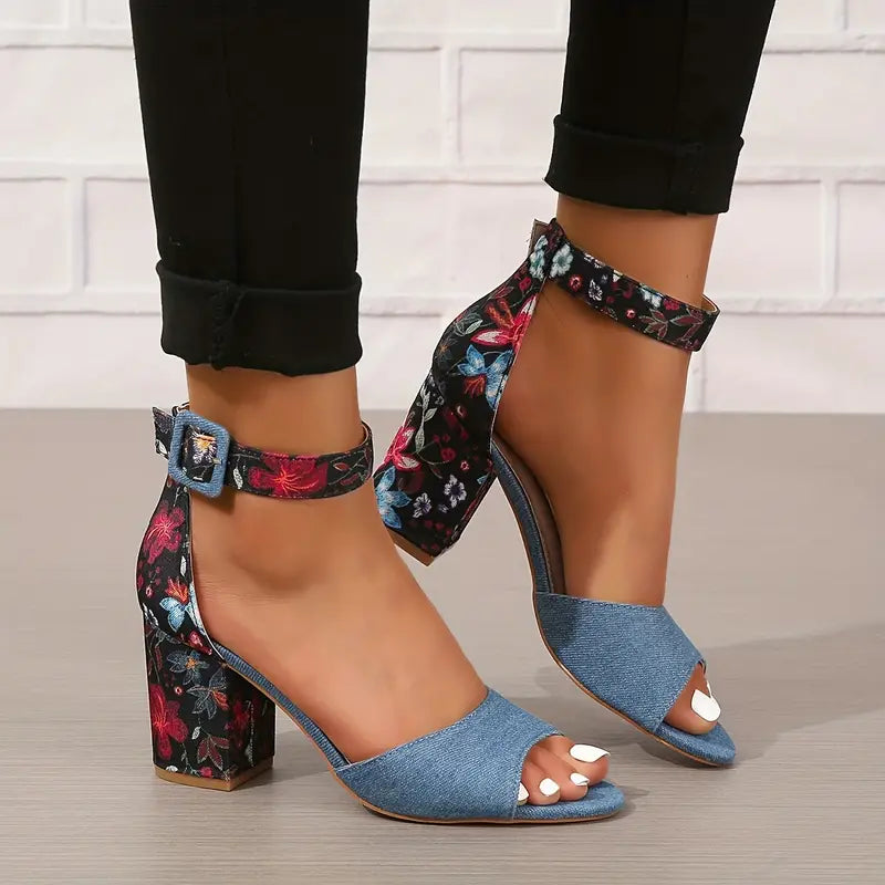 Peep Toe | Sandalias de tacón grueso ortopédicas con estampado floral y correa